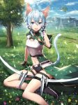 1girl :d animal_ears arm_support bangs belt_buckle black_belt black_collar black_footwear black_gloves black_ribbon black_shorts blue_sky blush boots bow_(weapon) breastplate buckle cat_ears cat_tail clouds day fingerless_gloves floating_island flower gabiran gloves grass green_coat hair_ribbon hand_in_hair landscape mountain navel on_ground open_mouth outdoors path pink_flower ribbon road round_teeth shinon_(sao) short_shorts shorts single_sleeve sitting sky smile solo sunlight sword_art_online tail teeth thigh_strap tree tress_ribbon upper_teeth weapon wind yellow_flower yokozuwari 