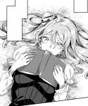  1girl asakawa_(outeq) blush book breasts commentary corset greyscale hair_between_eyes hat holding holding_book kantai_collection long_hair long_sleeves looking_at_viewer lying mini_hat monochrome open_book open_mouth pola_(kantai_collection) puffy_sleeves smile solo teeth wavy_hair work_in_progress 