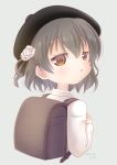  1girl :o backpack bag bangs beret black_hat black_ribbon blush brown_eyes brown_hair collared_shirt commentary_request cropped_torso dated eyebrows_visible_through_hair flower grey_background hair_between_eyes hair_flower hair_ornament hat hatoba_tsugu hatoba_tsugu_(character) long_sleeves looking_at_viewer looking_to_the_side mirun_(funimani) mole mole_under_eye parted_lips randoseru ribbon rose shirt signature simple_background solo upper_body virtual_youtuber white_flower white_rose white_shirt 