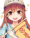  +_+ 1girl :d allen_(makaroll) baseball_cap blue_shirt blush hat hataraku_saibou light_brown_hair looking_at_viewer open_mouth platelet_(hataraku_saibou) portrait shirt simple_background smile solo upper_teeth white_background 