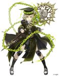  1boy :o absurdres belt blonde_hair chains coat full_body green_eyes grin hat highres holding holding_staff ji_no knee_pads long_nose looking_at_viewer mortarboard official_art pigeon-toed pinocchio_(sinoalice) shoes sinoalice smile sneakers solo staff white_background 