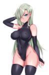  1girl black_legwear blue_eyes blush breasts elizabeth_liones erect_nipples hair_over_one_eye hevn jewelry large_breasts leotard long_hair looking_at_viewer nanatsu_no_taizai silver_hair simple_background single_earring solo thigh-highs white_background 