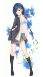  1girl arm_at_side arm_behind_back black_legwear blue_bra bra breasts collarbone darling_in_the_franxx eyebrows_visible_through_hair flower_request full_body green_eyes hair_ornament hairclip highres hood hood_up hooded_jacket ichigo_(darling_in_the_franxx) jacket kanden_suki kneehighs legs_apart looking_at_viewer navel necktie open_clothes open_jacket open_shirt plaid plaid_skirt pleated_skirt shoes short_hair skirt small_breasts solo underwear 
