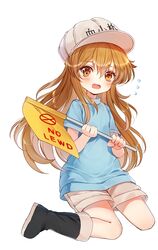  1girl baocaizi baseball_cap blue_shirt blush brown_eyes flag full_body hat hataraku_saibou highres light_brown_hair long_hair looking_at_viewer open_mouth platelet_(hataraku_saibou) shirt short_sleeves shorts solo white_shorts 