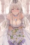  1girl absurdres azur_lane bangs bare_shoulders blush bouquet breasts bridal_veil bride cleavage closed_mouth collarbone commentary crown crying crying_with_eyes_open detached_collar dress enterprise_(azur_lane) flower hair_between_eyes hews_hack highres huge_filesize jewelry large_breasts long_hair looking_at_viewer necklace sidelocks silver_hair smile solo tears veil violet_eyes wedding_dress white_dress 