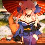  1girl animal_ears bare_shoulders blue_legwear blue_ribbon breasts cleavage detached_sleeves eating fate/extra fate/grand_order fate_(series) food fox_ears fox_tail fruit hair_ribbon ice_cream japanese_clothes kosumi large_breasts looking_at_viewer outdoors pink_hair ribbon sitting solo strawberry tail tamamo_(fate)_(all) tamamo_no_mae_(fate) tongue yellow_eyes 