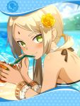  1girl artist_request bangle beach bindi blonde_hair blush bracelet dark_skin drink drinking_straw facial_mark flower forehead_mark framed_image green_eyes hair_flower hair_ornament hairclip highres holding_drink ice ice_cube jewelry long_hair looking_at_viewer low_twintails lying official_art parashu phantom_of_the_kill rose sand smile swimsuit twintails water yellow_flower yellow_rose 