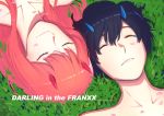  12itiniti 1boy 1girl absurdres bangs black_hair blue_horns closed_eyes commentary_request couple darling_in_the_franxx english grass hetero highres hiro_(darling_in_the_franxx) horns long_hair lying on_back oni_horns petals pink_hair red_horns shirtless short_hair sleeping zero_two_(darling_in_the_franxx) 