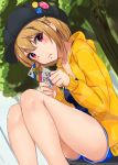  1girl :t badge banana_(hirane1988) bangs bare_legs black_hat blue_shirt blue_shorts blurry blurry_background blush brown_hair button_badge cabbie_hat cellphone closed_mouth collarbone commentary_request day dutch_angle eyebrows_visible_through_hair feet_out_of_frame from_below hair_between_eyes hands_up hat head_tilt holding holding_cellphone holding_phone hood hood_down hooded_jacket ibuki_tsubasa idolmaster idolmaster_million_live! idolmaster_million_live!_theater_days jacket knees_together_feet_apart long_sleeves looking_at_viewer looking_down open_clothes open_jacket outdoors phone pout shirt short_hair shorts sitting sleeves_past_wrists smartphone solo thighs tree violet_eyes yellow_jacket 