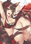  1girl :d akagi_(azur_lane) alternate_costume animal_ears armpits arms_behind_head azur_lane bangs bikini blush breasts brown_hair bubble cleavage collarbone eyebrows_visible_through_hair fangs fox_ears fox_tail highres knees_up large_breasts light_particles long_hair looking_at_viewer multiple_tails open_mouth red_bikini red_eyes red_sarong ripples sarong smile solo swimsuit tail thighs tuxedo_de_cat water_drop 