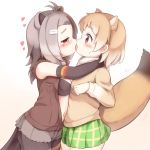  2girls american_beaver_(kemono_friends) animal_ears antenna_hair arm_around_neck beaver_ears beaver_tail black-tailed_prairie_dog_(kemono_friends) black_gloves black_swimsuit blush brown_eyes brown_hair elbow_gloves extra_ears french_kiss fur_collar gloves green_skirt grey_hair hair_ornament hairclip heart kemono_friends kiss long_sleeves matsuu_(akiomoi) miniskirt multiple_girls open_clothes open_vest plaid plaid_skirt pleated_skirt prairie_dog_ears prairie_dog_tail saliva shorts skirt sweatdrop swimsuit tail tears torn_clothes torn_shorts torn_sleeves vest yuri 