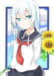  1girl anchor_symbol arms_behind_back bangs black_sailor_collar black_skirt blue_eyes blue_sky blush clouds cloudy_sky commentary_request day eyebrows_visible_through_hair flower hair_between_eyes head_tilt hibiki_(kantai_collection) holding holding_flower kantai_collection long_hair long_sleeves looking_at_viewer necktie no_hat no_headwear pleated_skirt rateratte red_neckwear sailor_collar school_uniform serafuku shirt silver_hair skirt sky smile solo sunflower very_long_hair white_shirt yellow_flower 