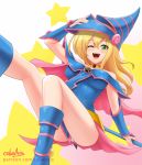  1girl artist_request bare_shoulders blonde_hair blue_footwear blush_stickers boots breasts choker cslucaris dark_magician_girl duel_monster green_eyes hat large_breasts one_eye_closed open_mouth panties pentacle solo staff under_boob underwear wizard_hat yu-gi-oh! yuu-gi-ou yuu-gi-ou_duel_monsters 