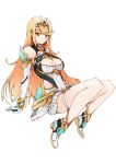  1girl armor bangs bare_shoulders blonde_hair breasts cleavage dress elbow_gloves gloves headgear highres mythra_(xenoblade) jewelry large_breasts long_hair looking_at_viewer q-pra simple_background smile solo white_background xenoblade_(series) xenoblade_2 yellow_eyes 