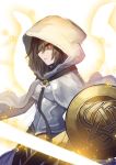  1girl black_hair energy_weapon energy_wings fate/grand_order fate_(series) highres hood nkmr8 polearm profile red_eyes shield spear weapon white_background white_pupils 
