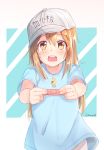  1girl aqua_background artist_name bandaid bangs baseball_cap blue_shirt blush brown_eyes brown_hair character_name commentary cowboy_shot eyebrows_visible_through_hair hair_between_eyes hat hataraku_saibou holding long_hair looking_at_viewer open_mouth platelet_(hataraku_saibou) shirt short_sleeves shuuzo3 solo t-shirt teeth two-tone_background whistle whistle_around_neck white_background white_hat 