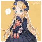  1girl ? abigail_williams_(fate/grand_order) bangs black_bow black_dress black_hat blonde_hair blue_eyes bow commentary_request dated dress fate_(series) hair_bow hat highres long_hair long_sleeves looking_at_viewer object_hug orange_bow parted_bangs polka_dot polka_dot_bow shionty simple_background sleeves_past_fingers sleeves_past_wrists solo spoken_question_mark stuffed_animal stuffed_toy teddy_bear very_long_hair 