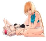  2girls bangs bare_shoulders bikini black_bikini blonde_hair blue_eyes braid breasts cleavage closed_mouth collarbone criss-cross_halter crop_top fate/apocrypha fate_(series) food halterneck ice_cream ice_cream_bar jeanne_d&#039;arc_(alter)_(fate) jeanne_d&#039;arc_(fate) jeanne_d&#039;arc_(fate)_(all) la-na long_braid long_hair looking_at_viewer lying multiple_girls navel on_back panties popsicle seiza short_hair silver_hair single_braid sitting smile swimsuit underwear very_long_hair white_panties yellow_eyes 