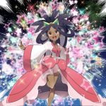  1girl dark_skin dress iris_(pokemon) kisama pink_dress pink_eyes pokemon pokemon_(game) pokemon_bw2 purple_hair solo tiara 