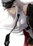  1girl azur_lane bare_shoulders bespectacled black-framed_eyewear black_neckwear closed_mouth enterprise_(azur_lane) glasses hat long_hair looking_at_viewer nabeshima_tetsuhiro necktie peaked_cap simple_background smile solo violet_eyes white_background white_hair white_hat 