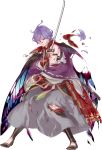  1boy armor blood blue_eyes cape flower full_body hakama highres homerun_ken injury japanese_armor japanese_clothes kasen_kanesada katana kiwame_(touken_ranbu) male_focus official_art one_eye_closed petals purple_hair sword torn_cape torn_clothes touken_ranbu transparent_background weapon wince 