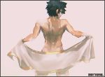  1boy black_border black_hair blue_eyes border closed_mouth cowboy_shot dated fate/grand_order fate_(series) from_behind fujimaru_ritsuka_(male) gen_yoro grey_background looking_back male_focus nude open_towel simple_background solo standing towel wet white_towel 