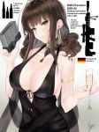  1girl ahoge alcohol alternate_costume armlet bangs bare_shoulders black_dress blunt_bangs blush breasts brown_hair champagne_flute choker cleavage collarbone cup dress drinking_glass dsr-50_(girls_frontline) earrings flower german_flag girls_frontline head_tilt highres holding holding_drinking_glass information_sheet jewelry large_breasts long_hair looking_at_viewer magazine_(weapon) parted_lips petals piukute062 red_eyes ruby_(stone) shawl sidelocks signature skindentation smile solo upper_body 