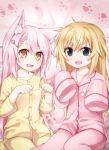  2girls animal_ears ara_(shbm) black_eyes blonde_hair blush cat_ears collarbone eyebrows_visible_through_hair hair_ornament hairpin looking_at_viewer multiple_girls open_mouth pajamas pink_hair shimakaze_(zhan_jian_shao_nyu) sleeves_past_fingers sleeves_past_wrists yellow_eyes yuudachi_(zhan_jian_shao_nyu) zhan_jian_shao_nyu 