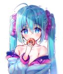  1girl ahoge bangs blue_eyes blue_hair blush bow collarbone covered_mouth doughnut eyebrows_visible_through_hair fingernails food hair_between_eyes hair_bow hatsune_miku holding holding_food long_hair long_sleeves looking_at_viewer natsumii_chan off_shoulder pink_bow puffy_long_sleeves puffy_sleeves simple_background solo striped striped_bow twintails very_long_hair vocaloid white_background 