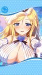  1girl artist_request blonde_hair blue_eyes blue_flower blue_rose blush breasts caladbolg_(phantom_of_the_kill) cleavage earrings elbow_gloves eyebrows_visible_through_hair flower gloves highres huge_breasts jewelry looking_at_viewer official_art open_mouth phantom_of_the_kill rose smile swimsuit wet wet_clothes 