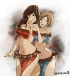  2girls bare_shoulders bracelet breasts brown_hair circlet cleavage dancer earrings hug j@ck jewelry long_hair medium_breasts multiple_girls navel necklace octopath_traveler open_mouth primrose_azelhart short_hair smile 