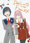  1boy 1girl bangs black_hair black_pants closed_eyes commentary_request couple darling_in_the_franxx green_eyes hair_ornament hairband hand_holding heart heart_hands hetero highres hiro_(darling_in_the_franxx) horns interlocked_fingers kyou_0707 long_hair long_sleeves looking_at_viewer military military_uniform necktie oni_horns open_mouth orange_neckwear pants pantyhose pink_hair red_horns red_neckwear short_hair signature uniform white_hairband zero_two_(darling_in_the_franxx) 