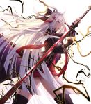  1girl ahoge arm_guards bangs boots bow cecil86 cloak commentary_request dark_skin fate/grand_order fate_(series) grey_eyes hair_between_eyes hair_bow hair_ornament highres holding holding_sword holding_weapon katana lightning long_hair looking_at_viewer okita_souji_(alter)_(fate) okita_souji_(fate)_(all) open_mouth silver_hair simple_background solo standing sword tassel thigh-highs thigh_boots very_long_hair weapon white_background 