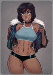  1girl abs alternate_hair_length alternate_hairstyle avatar_(series) blue_eyes bob_cut breasts brown_hair choker commentary contemporary contrapposto crop_top cropped_legs dark_skin english_commentary facing_viewer grin iahfy jacket korra medium_breasts navel o-ring o-ring_choker open_clothes open_jacket short_hair short_shorts shorts sleeveless_jacket smile solo stomach the_legend_of_korra thick_thighs thighs toned undressing 