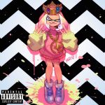  1girl album_cover alternate_costume cephalopod_eyes chain chains commentary cover crown english_commentary fake_cover flat_chest full_body gang_sign gold_chain hime_(splatoon) hood hoodie mole mole_under_mouth octarian paint_splatter parody pink_hair pose raised_eyebrow robert_porter shoes short_hair sneakers solo splatoon splatoon_2 splatoon_2:_octo_expansion tentacle_hair 
