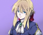  1girl blonde_hair blue_eyes brooch hair_between_eyes hair_intakes hair_ribbon jewelry long_hair looking_at_viewer mechanical_hand red_ribbon ribbon sakuraba_tsukasa smile solo violet_evergarden violet_evergarden_(character) white_neckwear 