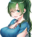  1girl :d blue_dress blush breasts cleavage collarbone commentary_request dress eyebrows_visible_through_hair fire_emblem fire_emblem:_rekka_no_ken fire_emblem_heroes green_eyes green_hair high_ponytail highres large_breasts long_hair looking_at_viewer lyndis_(fire_emblem) one_eye_closed open_mouth ponytail ringozaka_mariko short_sleeves smile solo upper_body 