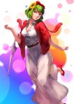  1girl absurdres belt bow breasts cleavage collarbone flower green_eyes hair_bow hair_flower hair_ornament high_heels highres hips kazami_yuuka light_smile looking_at_viewer medium_breasts red_bow red_eyes short_hair solo sunflower_hair_ornament thighs touhou umbrella yasaidon 