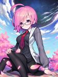  1girl ahoge black-framed_eyewear black_legwear black_skirt cherry_blossoms closed_mouth clouds cropped_legs fate/grand_order fate_(series) glasses hand_on_own_knee highres jacket kyundoo lavender_hair looking_at_viewer mash_kyrielight necktie outdoors pantyhose red_neckwear short_hair sitting skirt sky smile solo tree violet_eyes 