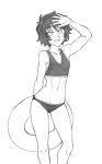  1girl :d bare_shoulders bikini breasts collarbone eyebrows_visible_through_hair eyes_visible_through_hair freckles greyscale hand_up innertube looking_at_viewer monochrome navel open_mouth original short_hair small_breasts smile solo stomach swimsuit tankini twrlare 