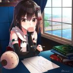  1girl black_gloves book brown_eyes brown_hair chair desk double-breasted drawing elbow_gloves enemy_lifebuoy_(kantai_collection) fingerless_gloves gloves hair_ornament hand_on_own_chin kantai_collection koruri looking_at_viewer neckerchief pen remodel_(kantai_collection) scarf school_uniform sendai_(kantai_collection) serafuku two_side_up white_scarf window 