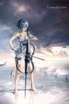  1girl barefoot blue_hair cello closed_eyes clouds commentary dress electric_cello english_commentary highres horizon instrument landscape music original reflection salt_flats short_hair sky solo water watermark web_address wenqing_yan 