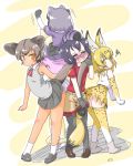  /\/\/\ 5girls =_= animal_ears annoyed arched_back arms_up ascot ass back-to-back bangs bare_arms bare_legs between_legs black_gloves black_hair black_legwear black_skirt blonde_hair blush brown_eyes brown_footwear carrying closed_mouth commentary_request common_raccoon_(kemono_friends) dark_skin elbow_gloves extra_ears eyebrows_visible_through_hair fennec_(kemono_friends) fossa_(kemono_friends) fossa_ears fossa_tail fox_ears fox_tail frills full_body fur-trimmed_footwear fur_collar fur_trim gloves grey_footwear grey_hair hair_between_eyes hand_up high-waist_skirt highres kaban_(kemono_friends) kemono_friends leaning_forward looking_at_another looking_back miniskirt multicolored_hair multiple_girls no_headwear no_nose nose_blush open_mouth outstretched_arm outstretched_arms pantyhose pantyhose_under_shorts pantylines pink_sweater print_gloves print_legwear print_skirt raccoon_ears raccoon_tail red_neckwear red_shirt serval_(kemono_friends) serval_ears serval_print serval_tail shirt shoes short_hair short_sleeves shorts shoulder_carry silver_hair skirt sleeveless sleeveless_shirt smile socks striped_tail sweater tail tail_between_legs thigh-highs tsurime uho_(uhoyoshi-o) wavy_mouth white_footwear white_legwear white_skirt yellow_eyes yellow_legwear zettai_ryouiki 