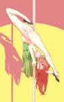  1girl ass black_footwear braid breasts covered_mouth dress flexible green_dress hair_ribbon hat highres hong_meiling large_breasts long_hair looking_at_viewer navel non_(z-art) panties pantyshot pole_dancing red_eyes redhead ribbon shadow shoes silhouette spotlight thighs touhou underwear white_panties 