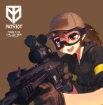  1girl assault_rifle baseball_cap brown_hair commentary gloves goggles gun hat holding holding_gun holding_weapon hood hoodie load_bearing_equipment open_mouth original ponytail rias-coast rifle simple_background solo weapon 