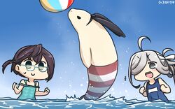  2girls :d ahoge animalization asashimo_(kantai_collection) ball beachball blue_swimsuit blush brown_hair commentary_request dated green_eyes hamu_koutarou highres kantai_collection multiple_girls ocean okinami_(kantai_collection) one-piece_swimsuit open_mouth sharp_teeth shimakaze_(kantai_collection) shimakaze_(seal) silver_hair smile swimsuit teeth v-shaped_eyebrows 