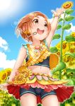  1girl :d arm_up bangs bare_arms bare_shoulders bike_shorts black_shorts blue_sky blurry blurry_background blush brown_eyes brown_hair clouds collarbone commentary_request day depth_of_field eyebrows_visible_through_hair field flower flower_field forehead headphones headset highres idolmaster idolmaster_cinderella_girls looking_away midriff navel open_mouth outdoors parted_bangs red_skirt regular_mow round_teeth ryuuzaki_kaoru short_shorts shorts skirt sky smile solo sunflower tank_top teeth upper_teeth yellow_flower 