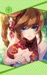  1girl artist_request blue_eyes braid breasts brown_hair cleavage eyebrows_visible_through_hair eyeshadow flower framed_image green_dragon_(phantom_of_the_kill) hair_flower hair_ornament head_in_hand large_breasts long_hair looking_at_viewer makeup official_art phantom_of_the_kill swimsuit 