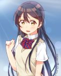  1girl bangs blue_hair blush commentary_request hair_between_eyes long_hair looking_at_viewer love_live! love_live!_school_idol_project open_mouth otonokizaka_school_uniform simple_background skull573 smile solo sonoda_umi upper_body yellow_eyes 