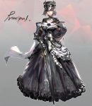  1girl black_dress cane cape character_name closed_mouth dress full_body gauntlets grey_eyes grey_hair hat holding long_skirt looking_at_viewer nogchasaeg_(karon2848) original short_hair skirt solo standing white_cape 